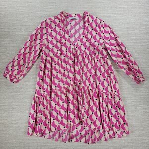 Zara Geometric Babydoll Dress Womens Medium Pink High Low Tunic Tiered Loose Fit